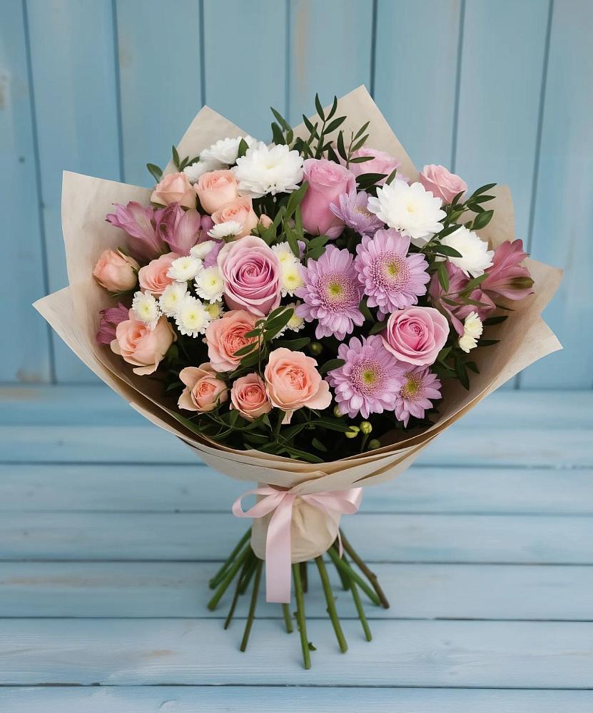 Букет цветов из: Хризантемы, Розы и Альстромерии в Приобье