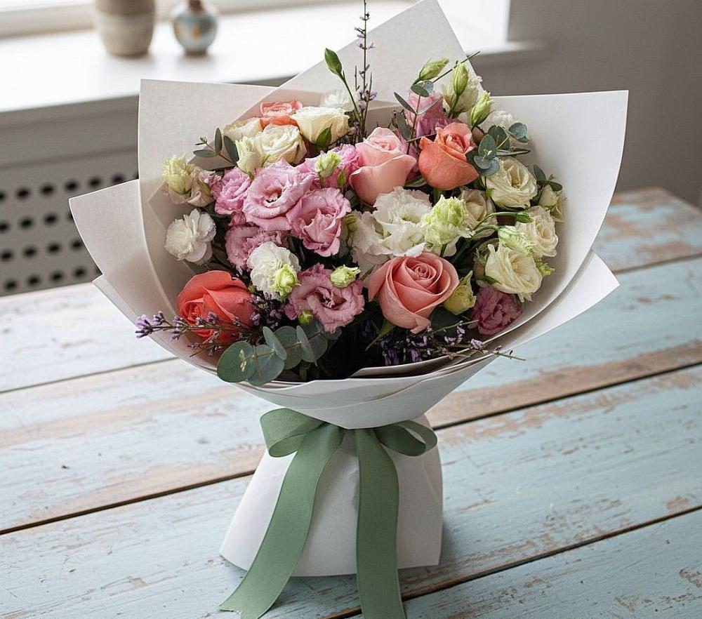 Букет цветов из: Розы, Лизиантусы и Гвоздики в Приобье