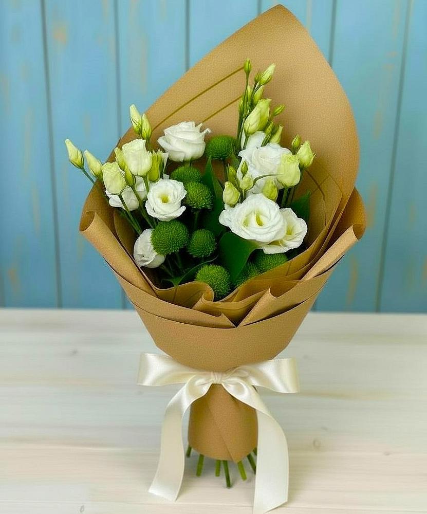 Букет цветов из: Хризантемы и Лизиантусы в Приобье