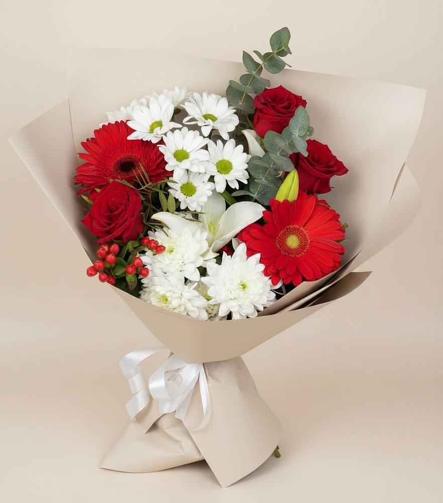 Букет цветов из: Розы, Хризантемы, Герберы и Лилии в Приобье