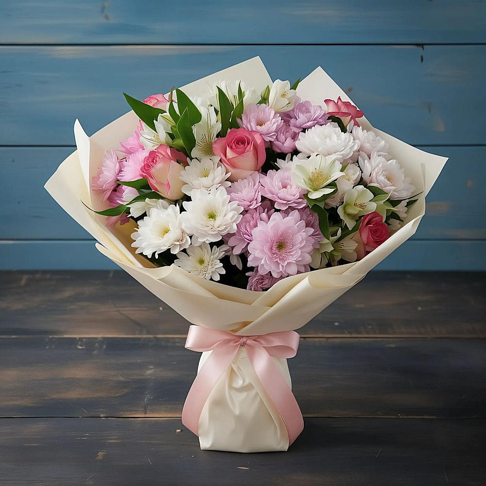 Букет цветов из: Хризантемы, Альстромерии и Розы в Приобье